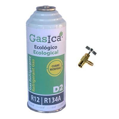 1 Botella Gas Ecologico Gasica D2 226g + Valvula Sustituto R12, R134A Freeze Organico
