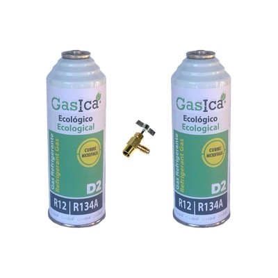 2 Botellas Gas Ecologico Gasica D2 226g + Valvula Sustituto R12, R134A Freeze Organico