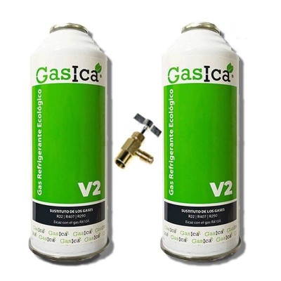 2 Botellas Gas Ecologico Gasica V2 255Gr + Valvula Sustituto R22, R32, R407C, R410A Freeze Organico