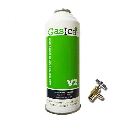 1 Botella Gas Ecologico Gasica V2 255Gr + Valvula Sustituto R22, R32, R407C, R410A Freeze Organico