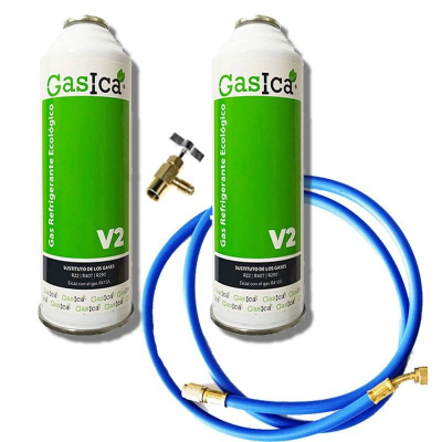 2 Botellas Gas Ecologico Gasica V2 255Gr + Valvula + Manguera Sustituto R22, R32, R407C, R410A Freeze Organico