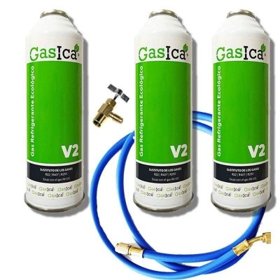 3 Botellas Gas Ecologico Gasica V2 255Gr + Valvula + Manguera Sustituto R22, R32, R407C, R410A Freeze Organico