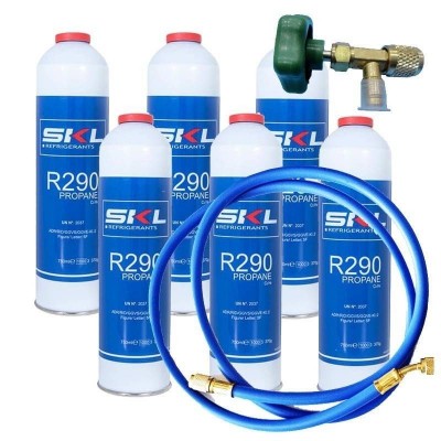 6 Botellas Gas Refrigerante R290 + Manguera + Valvula 370Gr Propano